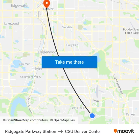Ridgegate Parkway Station to CSU Denver Center map