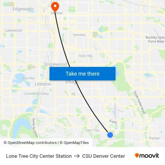 Lone Tree City Center Station to CSU Denver Center map