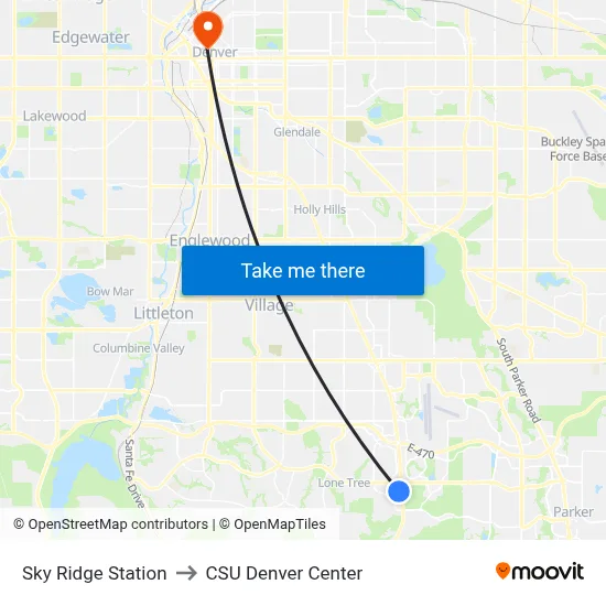 Sky Ridge Station to CSU Denver Center map