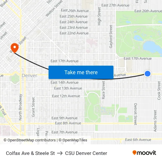 Colfax Ave & Steele St to CSU Denver Center map