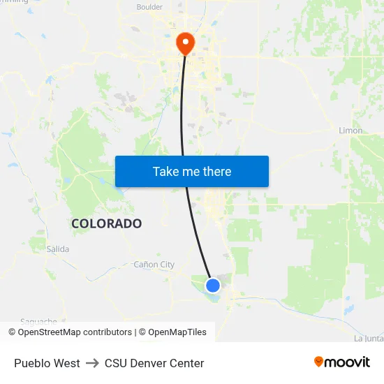 Pueblo West to CSU Denver Center map