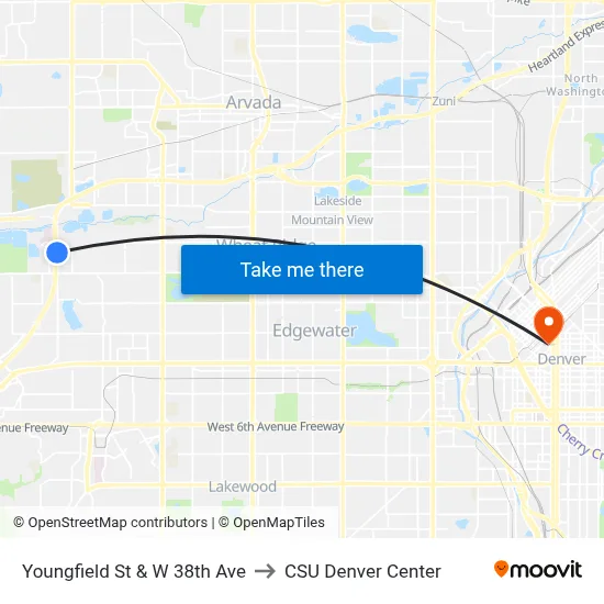 Youngfield St & W 38th Ave to CSU Denver Center map