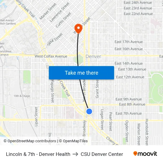 Lincoln & 7th - Denver Health to CSU Denver Center map
