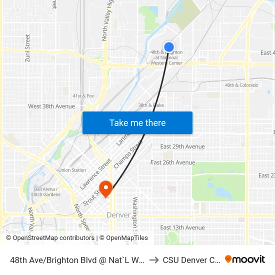 48th Ave/Brighton Blvd @ Nat`L Western Ctr to CSU Denver Center map