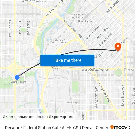 Decatur / Federal Station Gate A to CSU Denver Center map