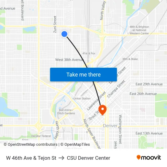 W 46th Ave & Tejon St to CSU Denver Center map