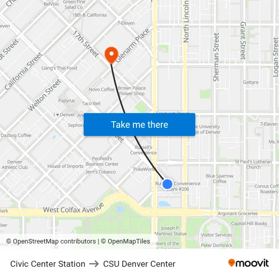 Civic Center Station to CSU Denver Center map