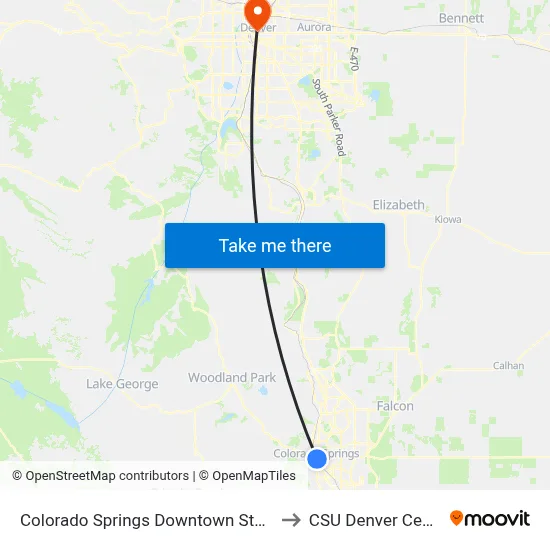 Colorado Springs Downtown Station to CSU Denver Center map