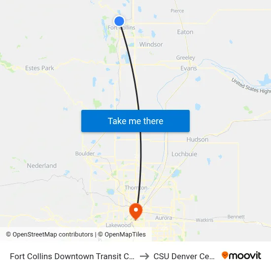 Fort Collins Downtown Transit Center to CSU Denver Center map
