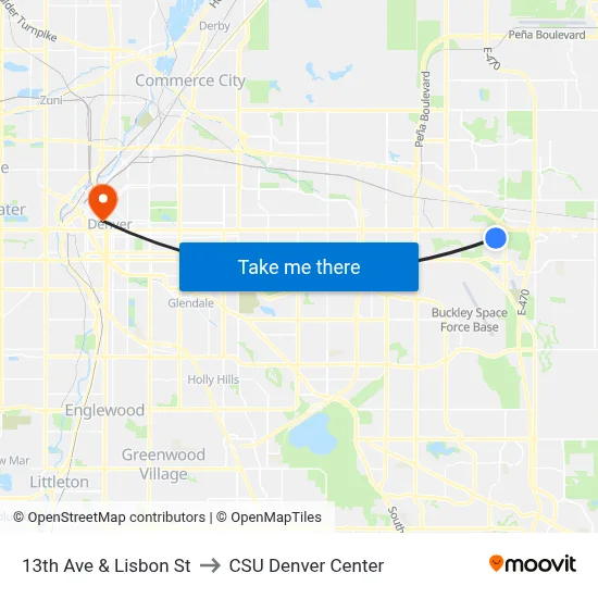 13th Ave & Lisbon St to CSU Denver Center map