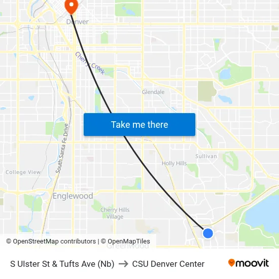 S Ulster St & Tufts Ave (Nb) to CSU Denver Center map