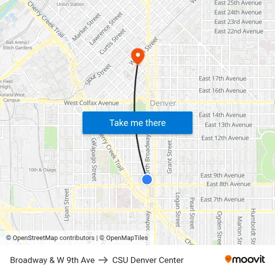 Broadway & W 9th Ave to CSU Denver Center map
