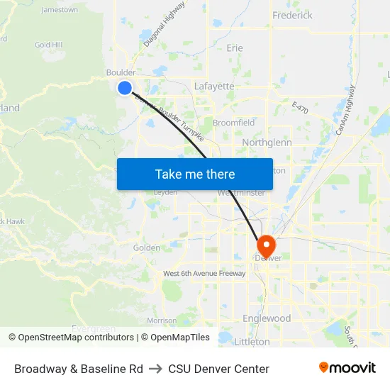 Broadway & Baseline Rd to CSU Denver Center map