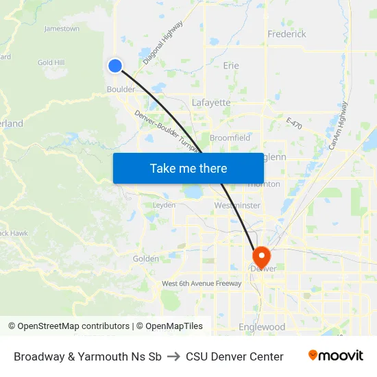 Broadway & Yarmouth Ns Sb to CSU Denver Center map