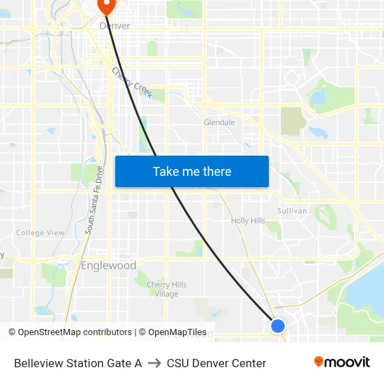 Belleview Station Gate A to CSU Denver Center map