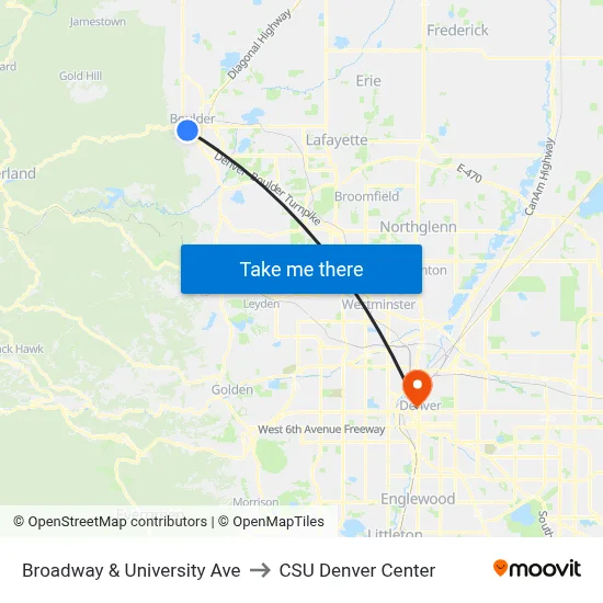 Broadway & University Ave to CSU Denver Center map