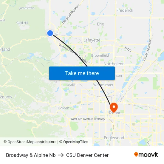 Broadway & Alpine Nb to CSU Denver Center map