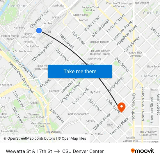 Wewatta St & 17th St to CSU Denver Center map