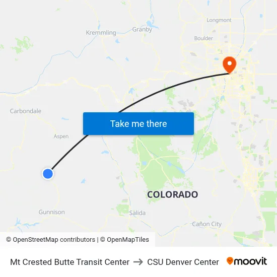 Mt Crested Butte Transit Center to CSU Denver Center map