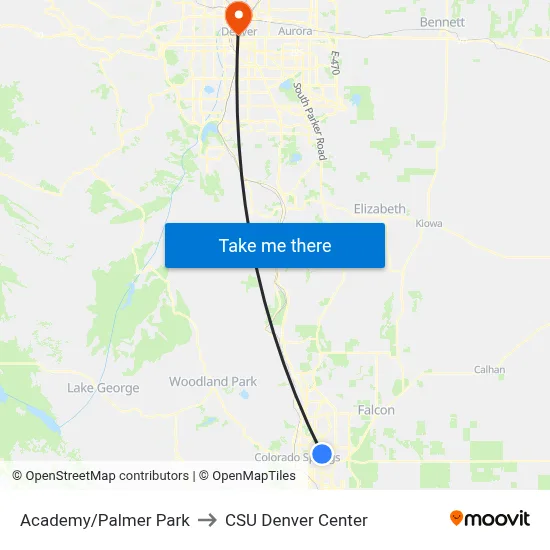 Academy/Palmer Park to CSU Denver Center map