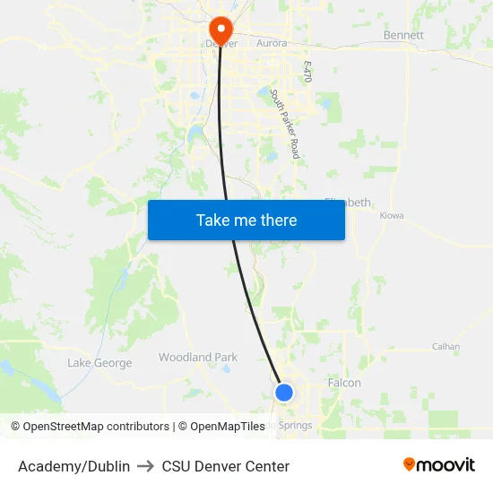 Academy/Dublin to CSU Denver Center map