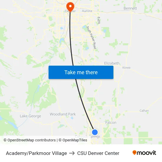 Academy/Parkmoor Village to CSU Denver Center map