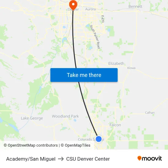 Academy/San Miguel to CSU Denver Center map