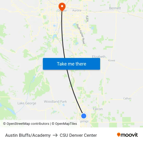 Austin Bluffs/Academy to CSU Denver Center map