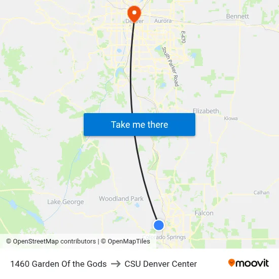1460 Garden Of the Gods to CSU Denver Center map