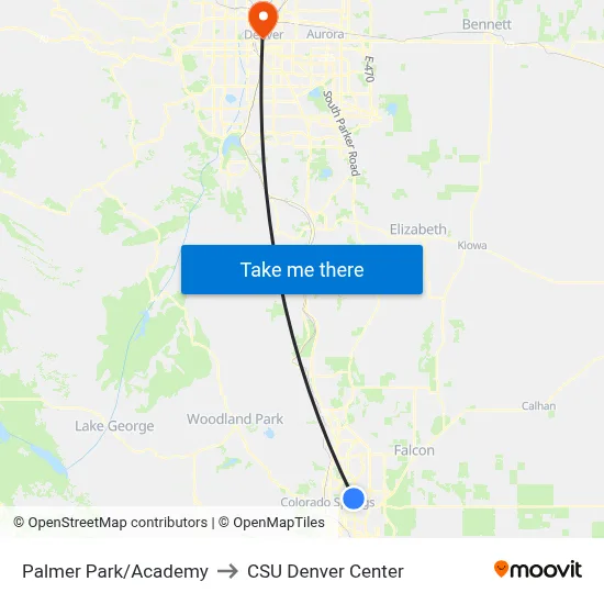 Palmer Park/Academy to CSU Denver Center map