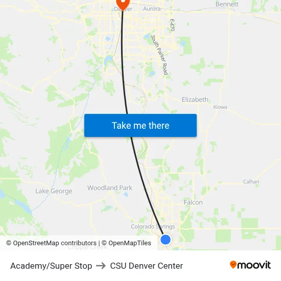 Academy/Super Stop to CSU Denver Center map
