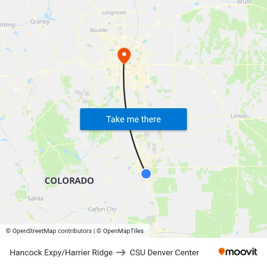 Hancock Expy/Harrier Ridge to CSU Denver Center map