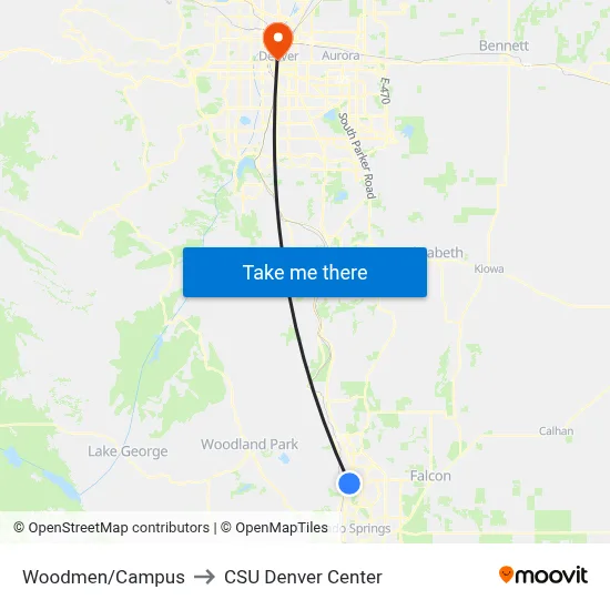 Woodmen/Campus to CSU Denver Center map
