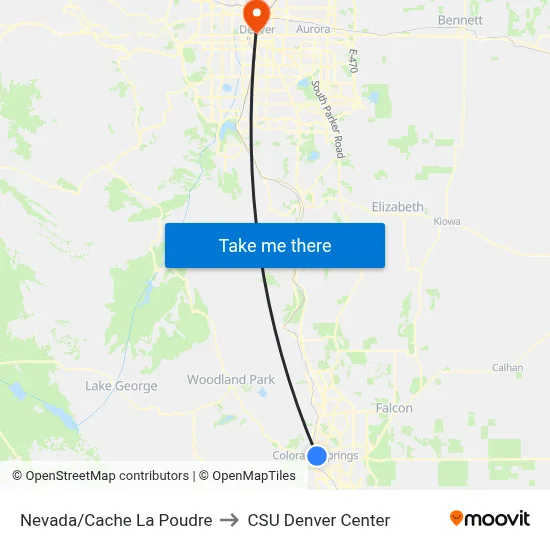 Nevada/Cache La Poudre to CSU Denver Center map