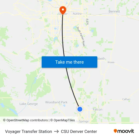 Voyager Transfer Station to CSU Denver Center map