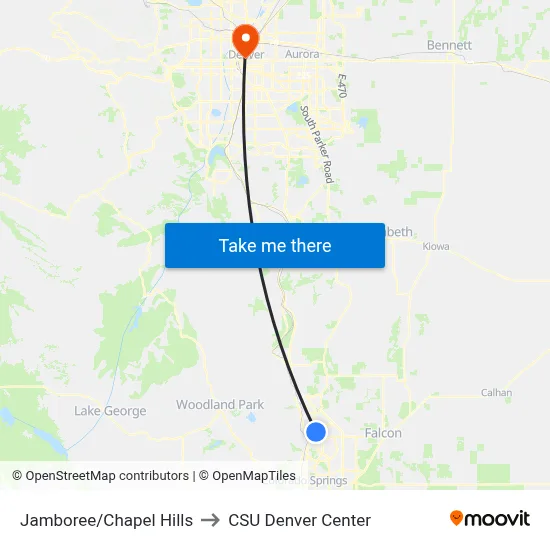 Jamboree/Chapel Hills to CSU Denver Center map
