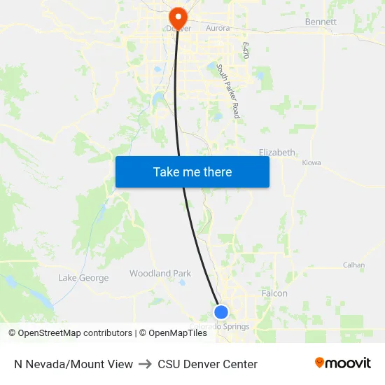 N Nevada/Mount View to CSU Denver Center map