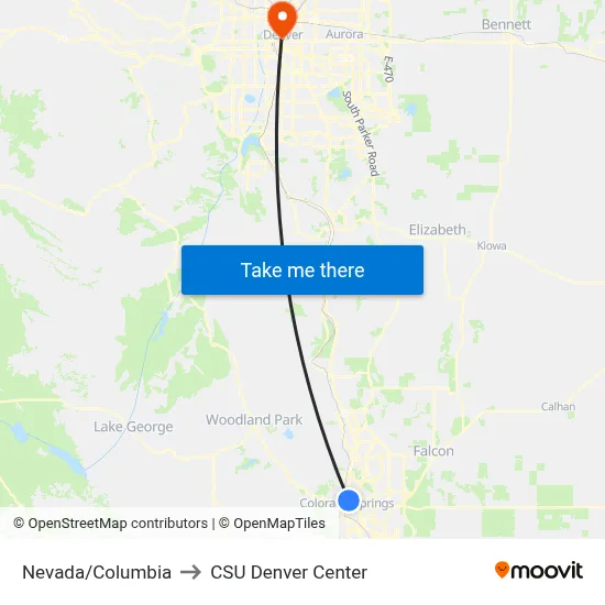 Nevada/Columbia to CSU Denver Center map