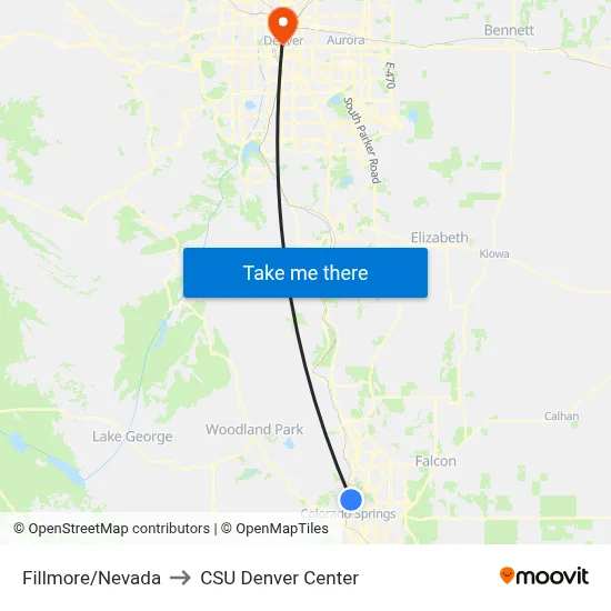 Fillmore/Nevada to CSU Denver Center map