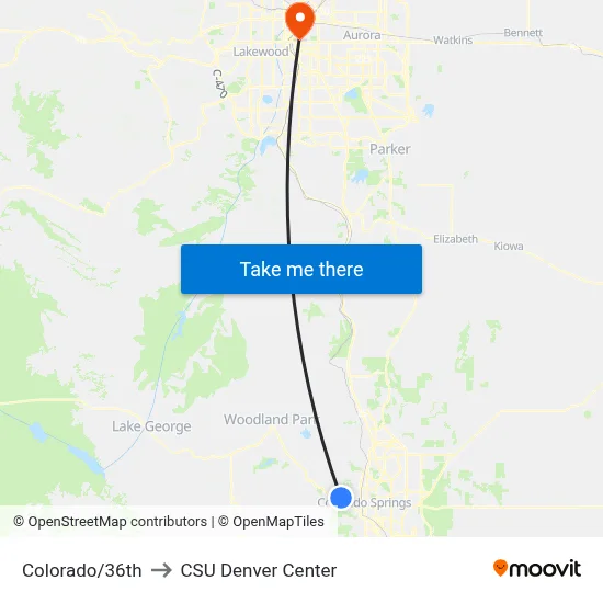 Colorado/36th to CSU Denver Center map
