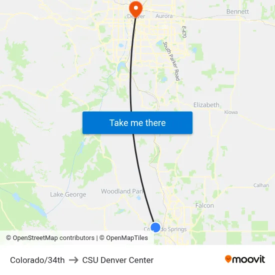 Colorado/34th to CSU Denver Center map