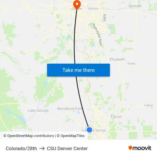 Colorado/28th to CSU Denver Center map