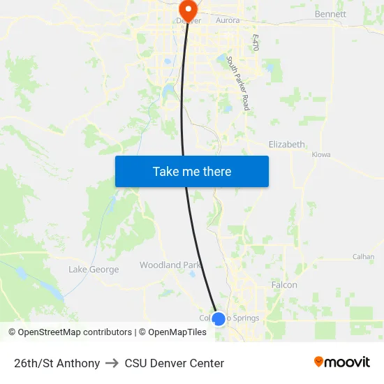 26th/St Anthony to CSU Denver Center map
