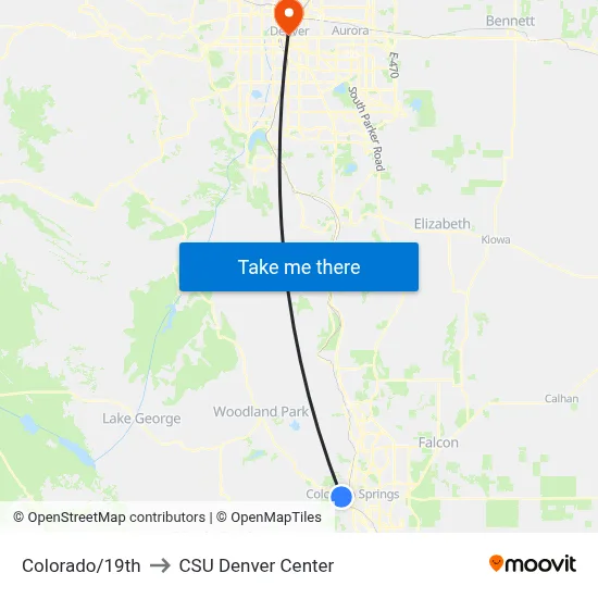 Colorado/19th to CSU Denver Center map
