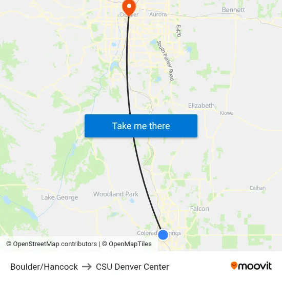 Boulder/Hancock to CSU Denver Center map