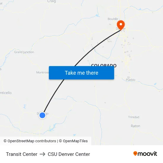 Transit Center to CSU Denver Center map