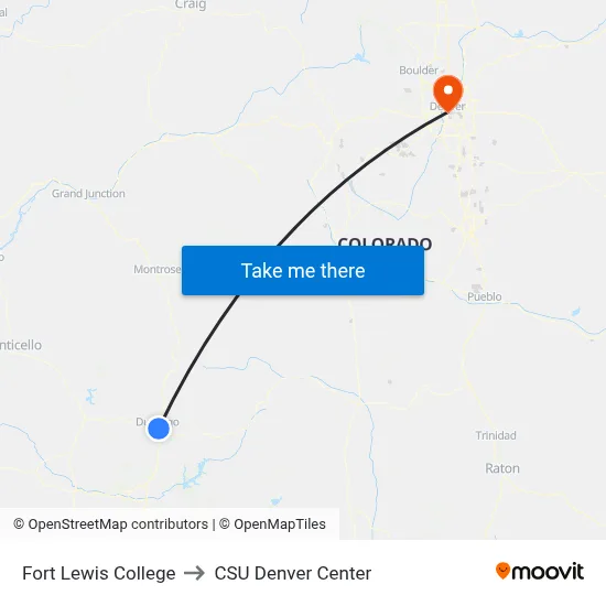 Fort Lewis College to CSU Denver Center map