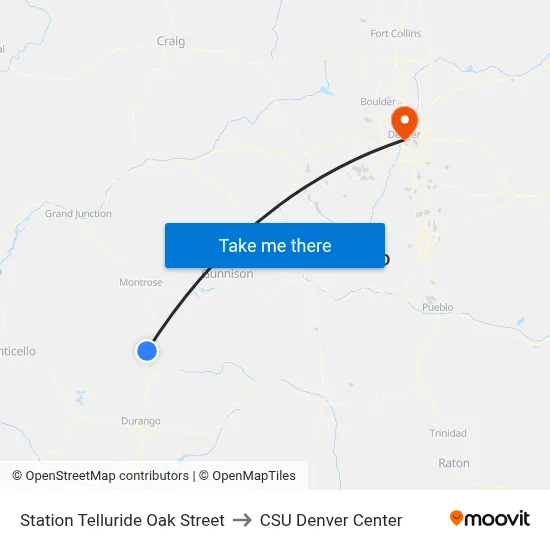 Station Telluride Oak Street to CSU Denver Center map