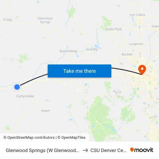 Glenwood Springs (W Glenwood Mall) to CSU Denver Center map