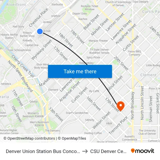 Denver Union Station Bus Concourse to CSU Denver Center map